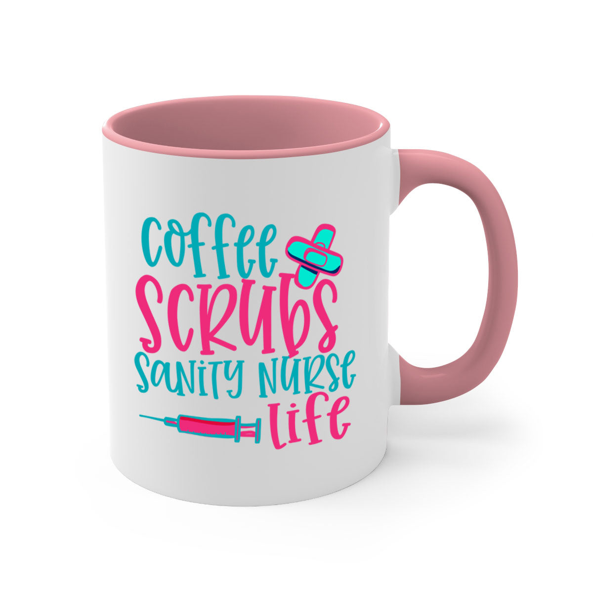 Coffee Scrubs Sanity Nurse Mug with colorful handle and glossy finish, available in multiple colors and sizes.