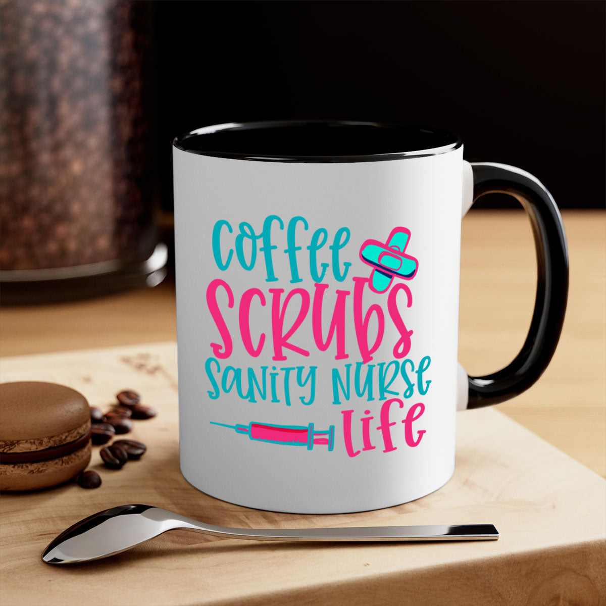Coffee Scrubs Sanity Nurse Mug with colorful handle and glossy finish, available in multiple colors and sizes.