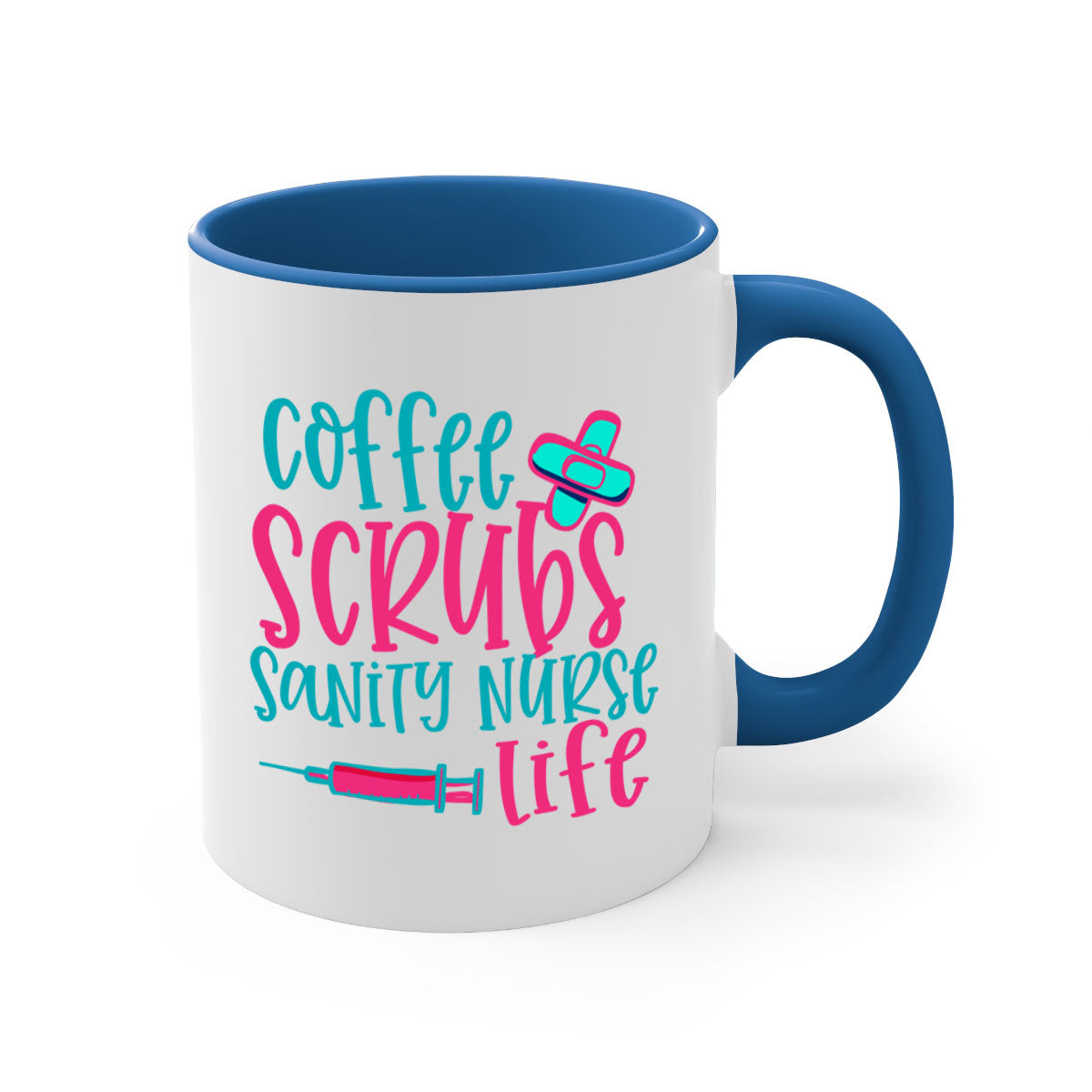 Coffee Scrubs Sanity Nurse Mug with colorful handle and glossy finish, available in multiple colors and sizes.