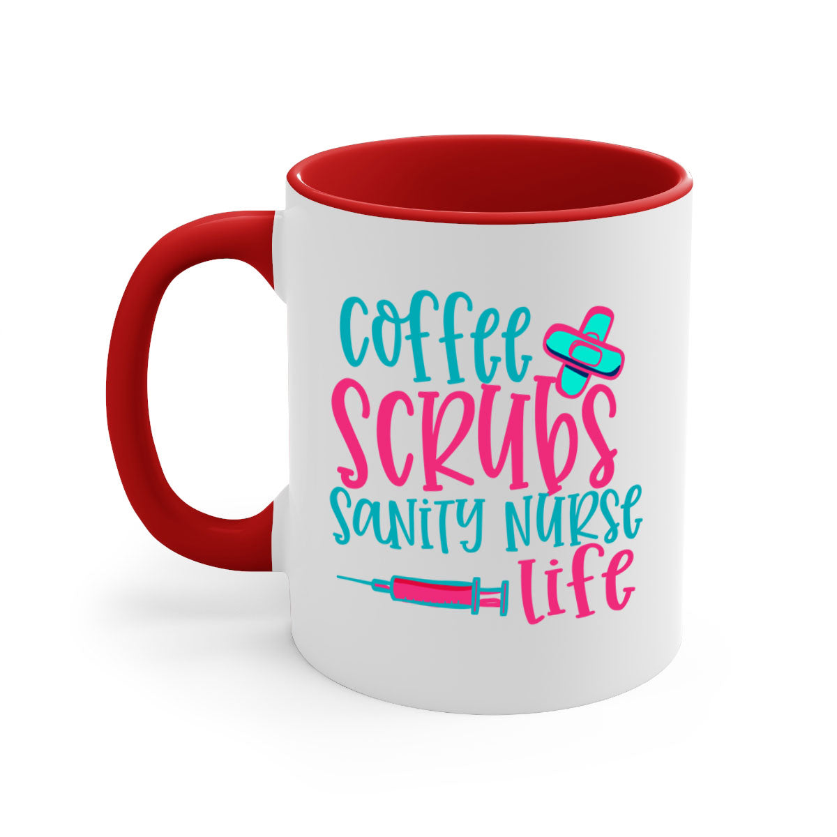 Coffee Scrubs Sanity Nurse Mug with colorful handle and glossy finish, available in multiple colors and sizes.