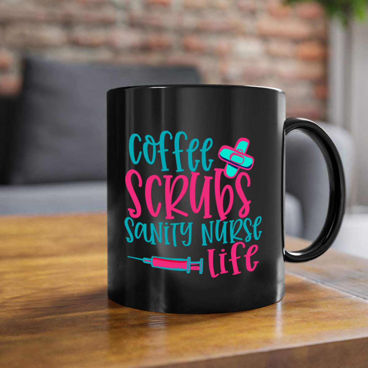 Coffee Scrubs Sanity Nurse Mug with colorful handle and glossy finish, available in multiple colors and sizes.