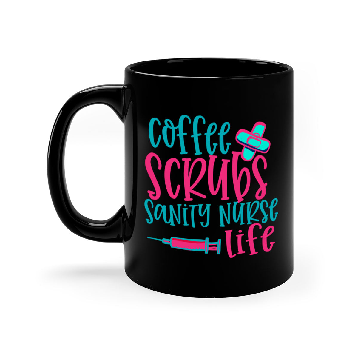 Coffee Scrubs Sanity Nurse Mug with colorful handle and glossy finish, available in multiple colors and sizes.
