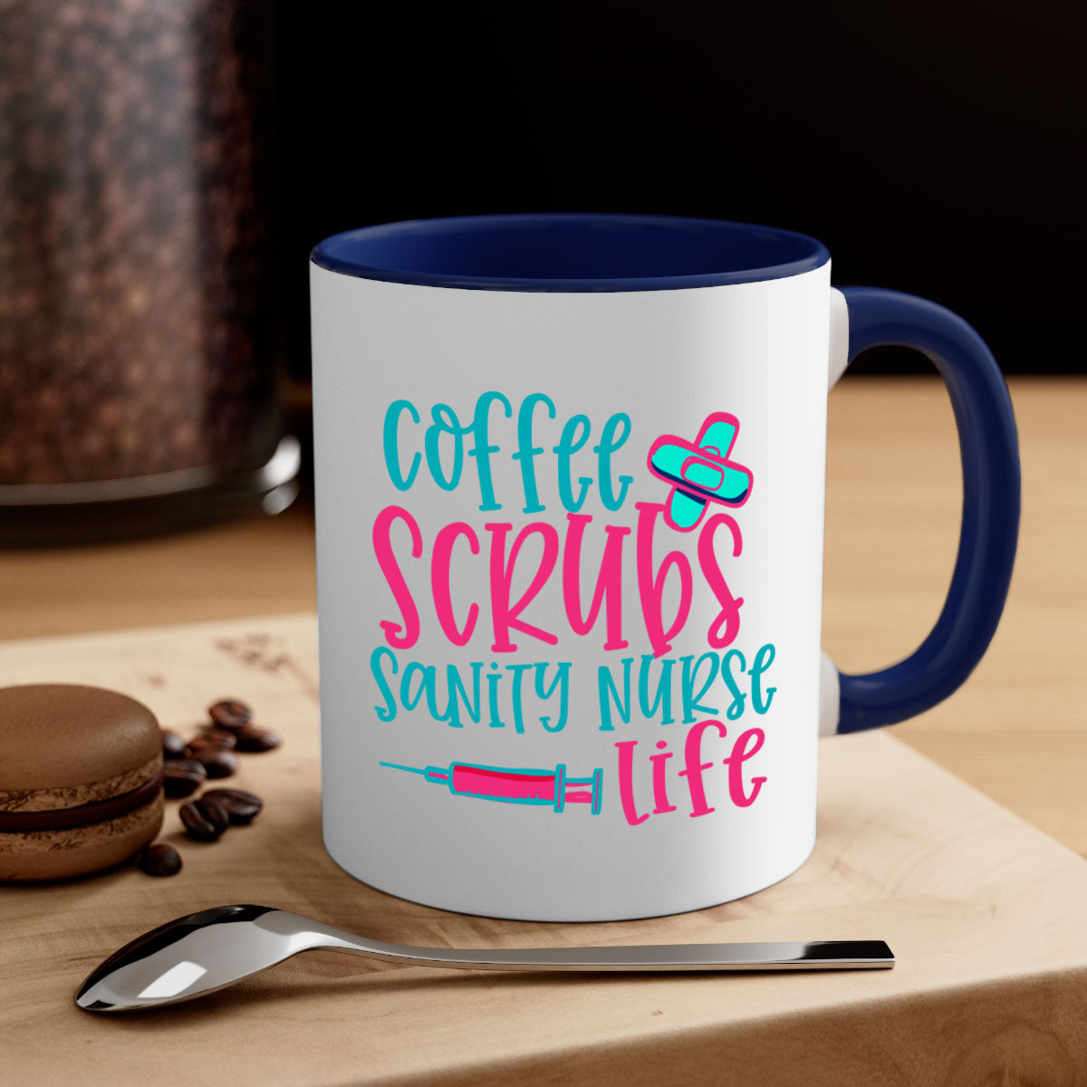Coffee Scrubs Sanity Nurse Mug with colorful handle and glossy finish, available in multiple colors and sizes.