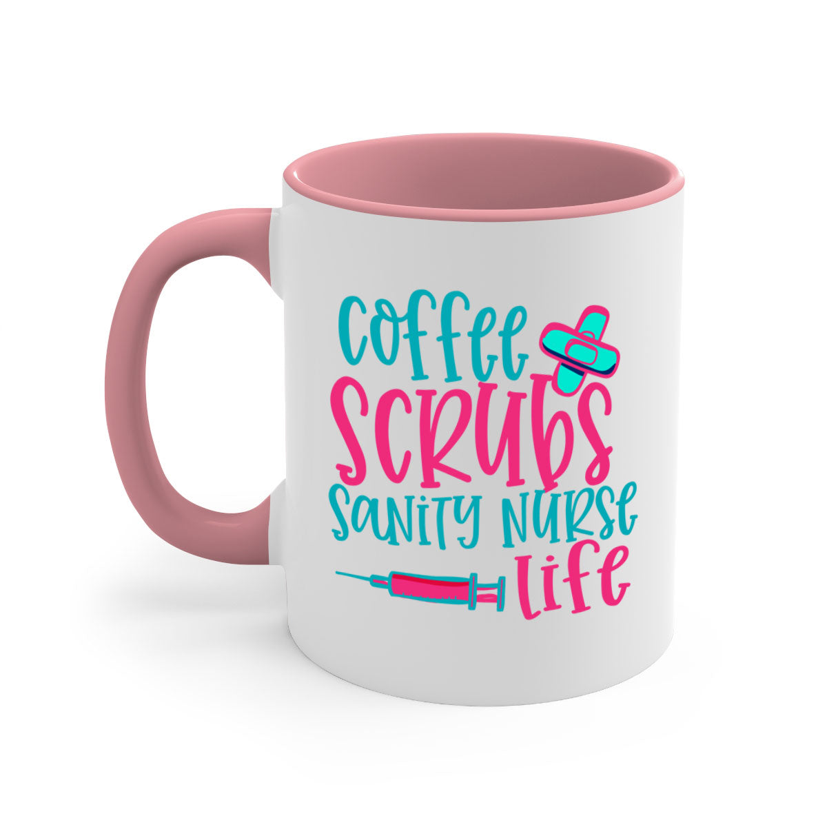 Coffee Scrubs Sanity Nurse Mug with colorful handle and glossy finish, available in multiple colors and sizes.