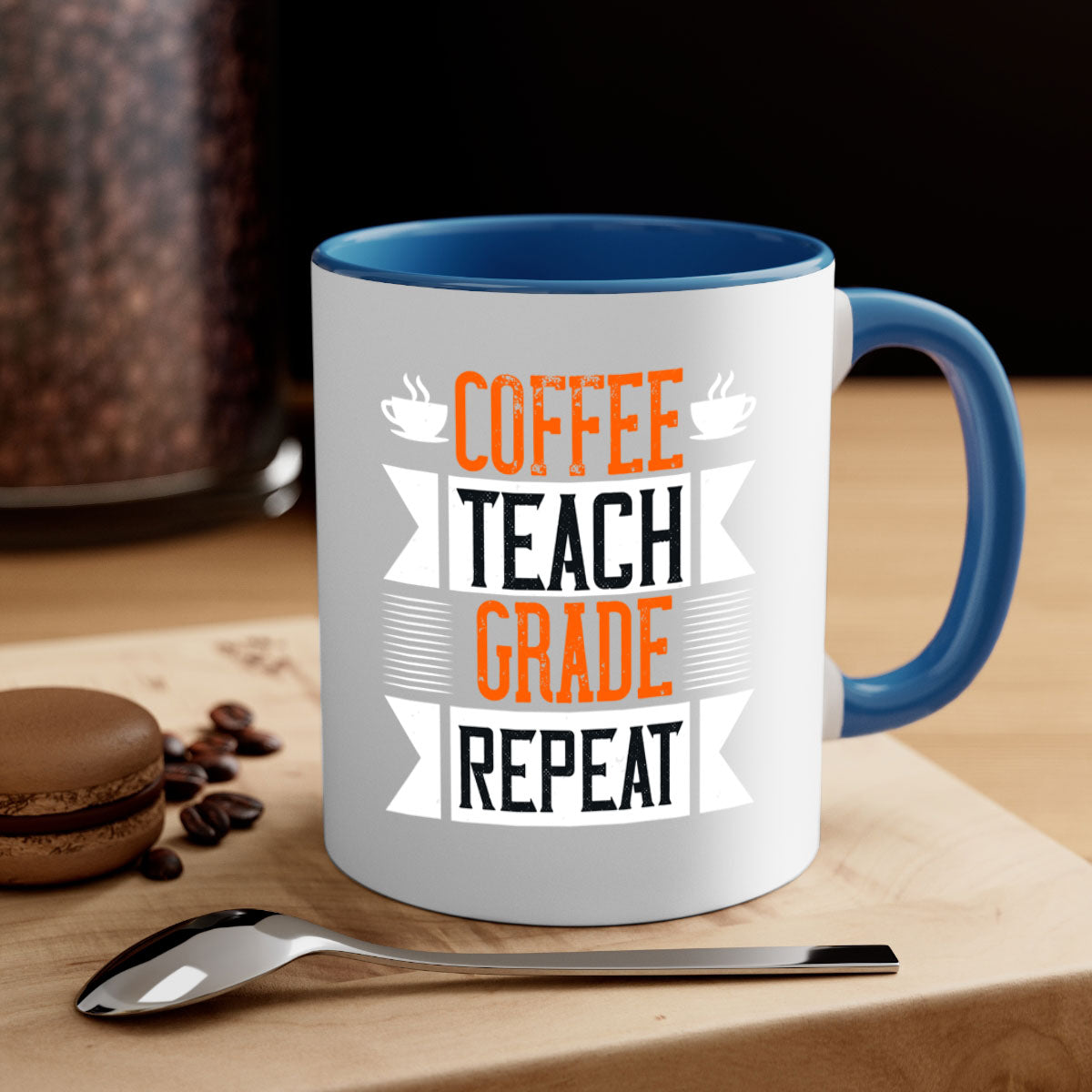 Coffee Teach Grade Repeat Mug with colorful handle and glossy finish, available in multiple colors and sizes.
