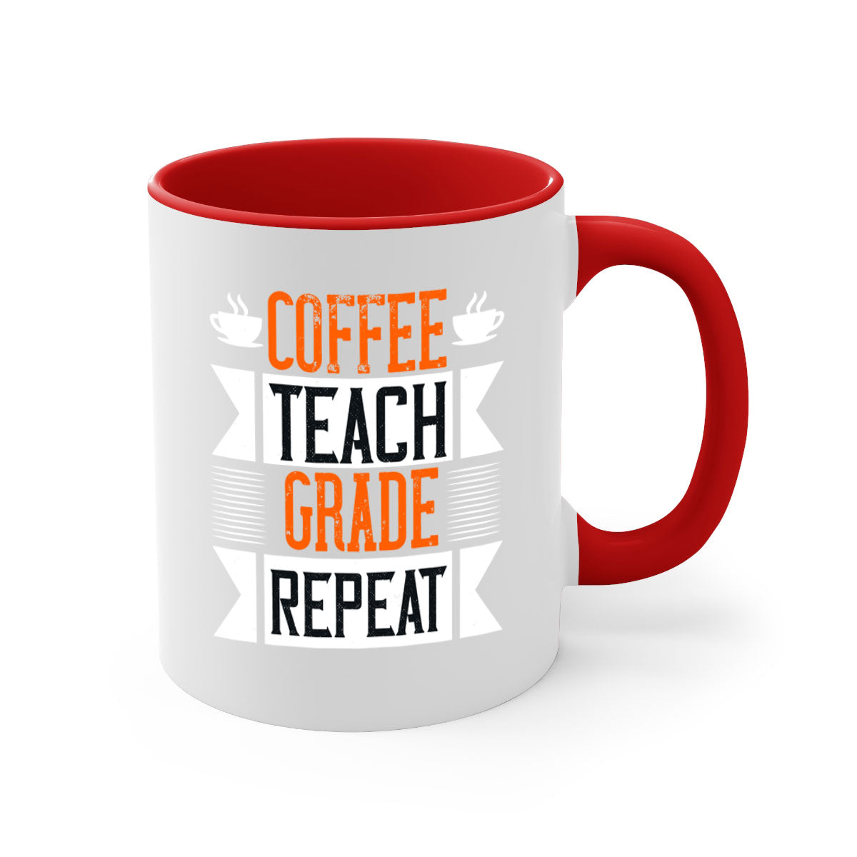 Coffee Teach Grade Repeat Mug with colorful handle and glossy finish, available in multiple colors and sizes.