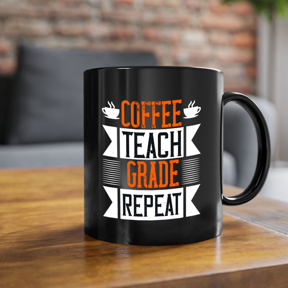 Coffee Teach Grade Repeat Mug with colorful handle and glossy finish, available in multiple colors and sizes.