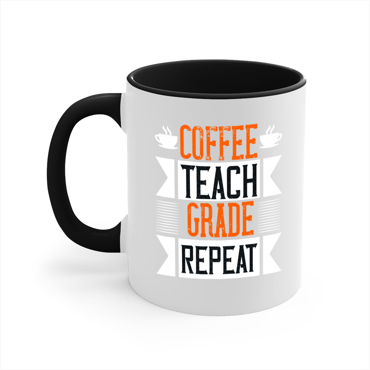 Coffee Teach Grade Repeat Mug with colorful handle and glossy finish, available in multiple colors and sizes.