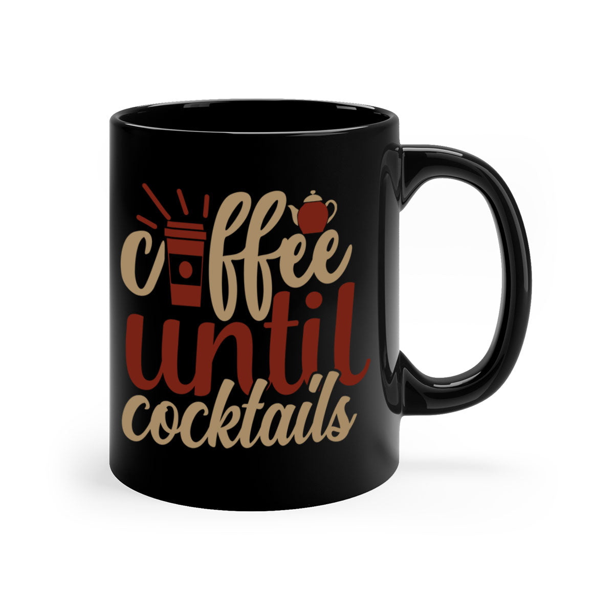 Two-tone Coffee Until Cocktails Mug with colored handle and glossy finish, available in multiple colors and sizes.
