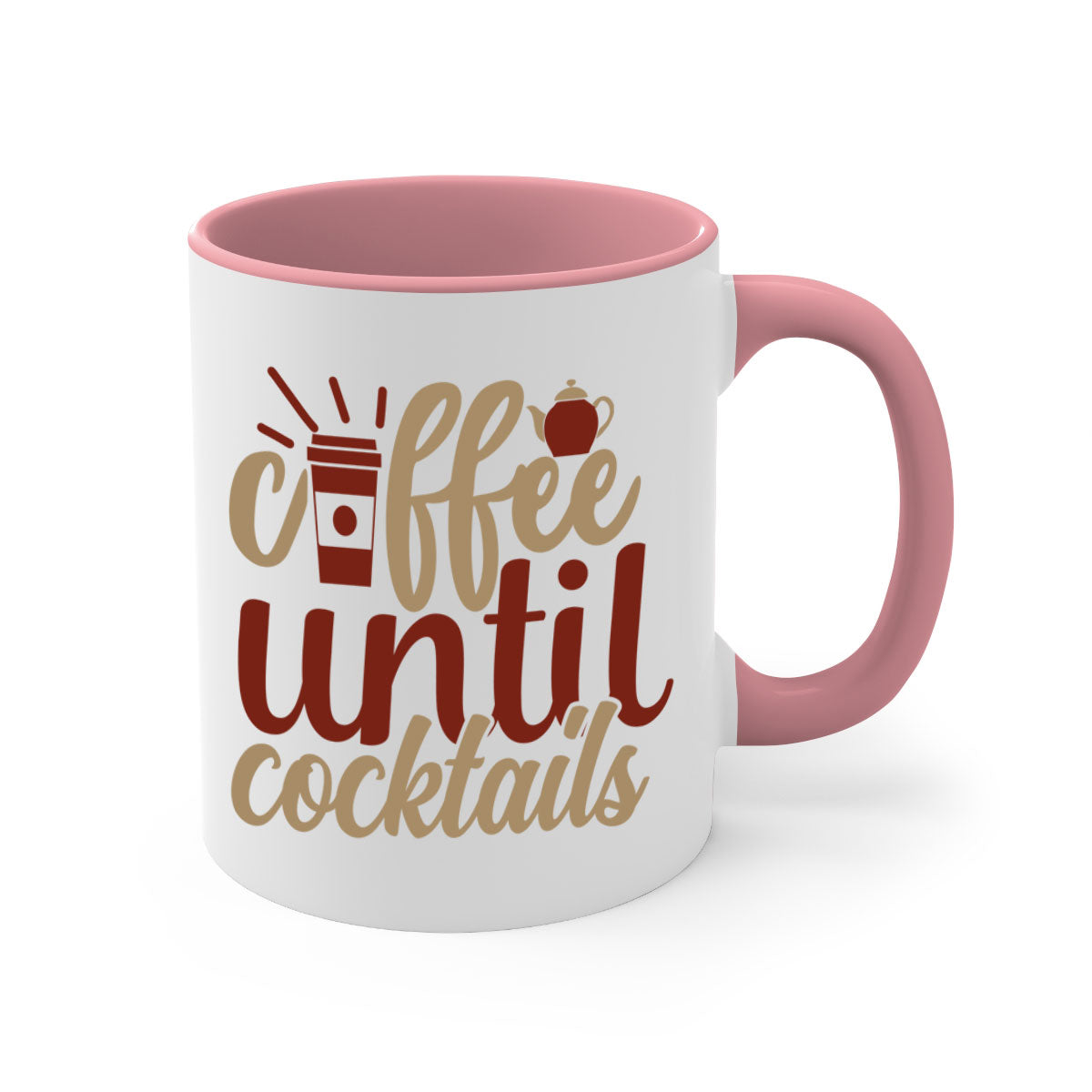 Two-tone Coffee Until Cocktails Mug with colored handle and glossy finish, available in multiple colors and sizes.