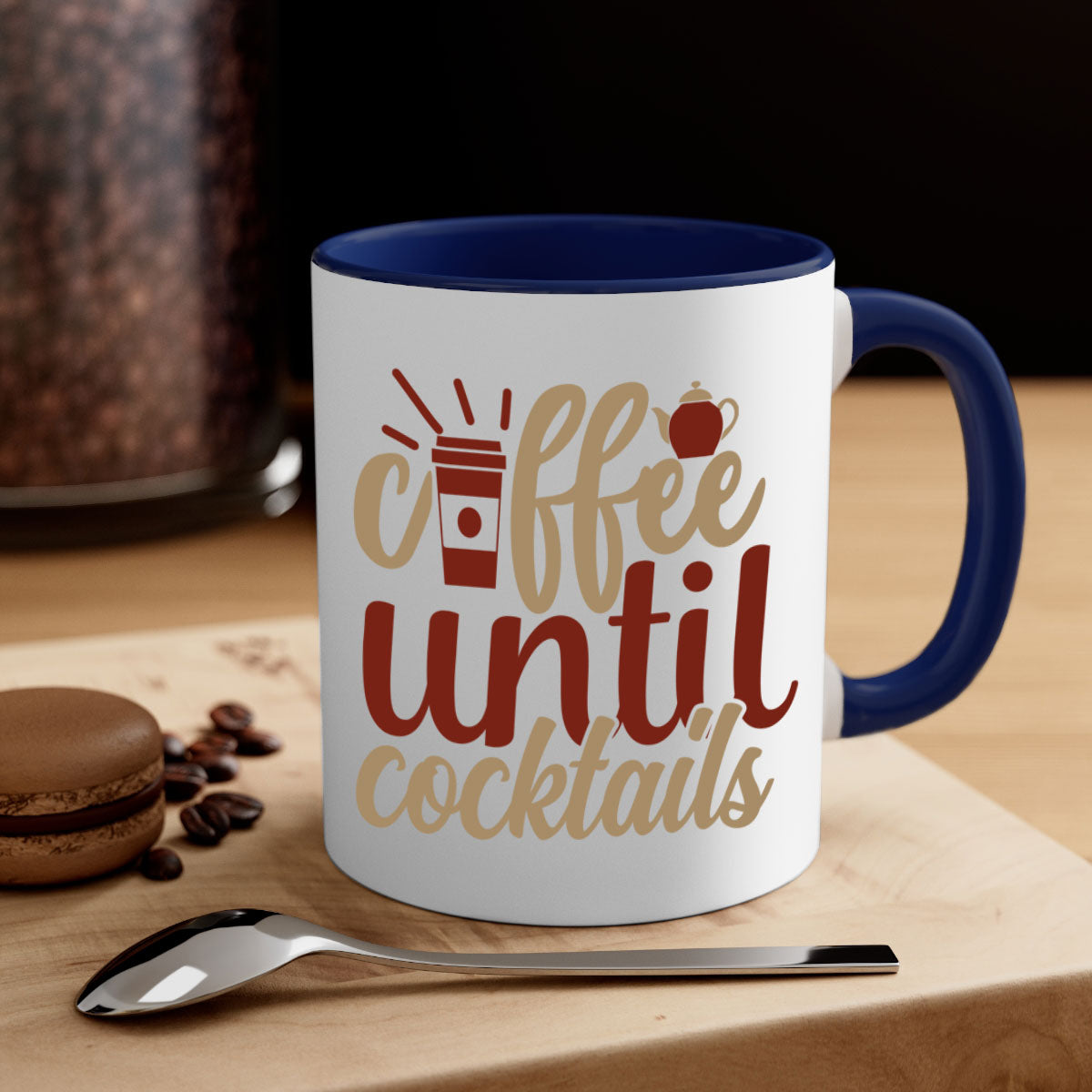 Two-tone Coffee Until Cocktails Mug with colored handle and glossy finish, available in multiple colors and sizes.
