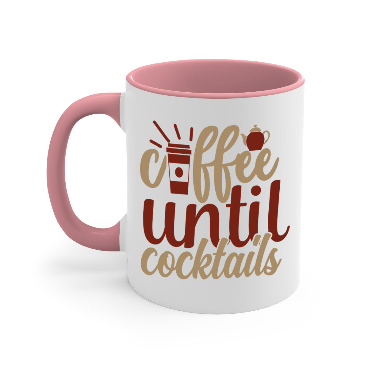 Two-tone Coffee Until Cocktails Mug with colored handle and glossy finish, available in multiple colors and sizes.