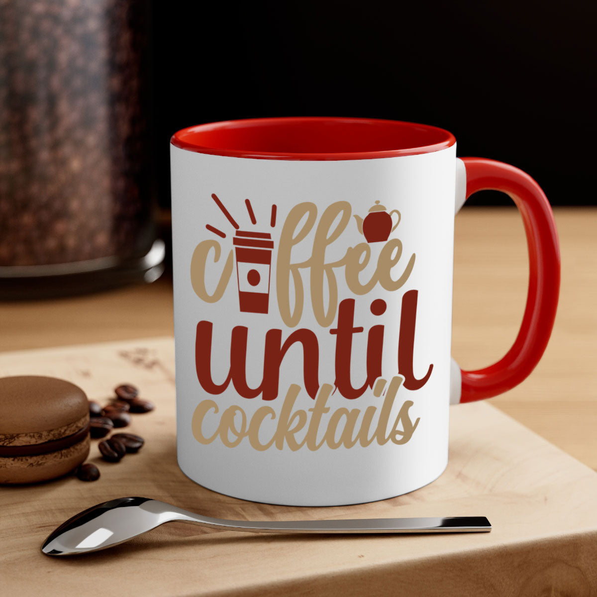 Two-tone Coffee Until Cocktails Mug with colored handle and glossy finish, available in multiple colors and sizes.