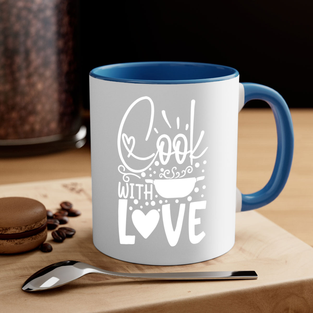 Cook with Love 44# Kitchen Mug in five vibrant colors with a glossy finish and easy-grip handle.