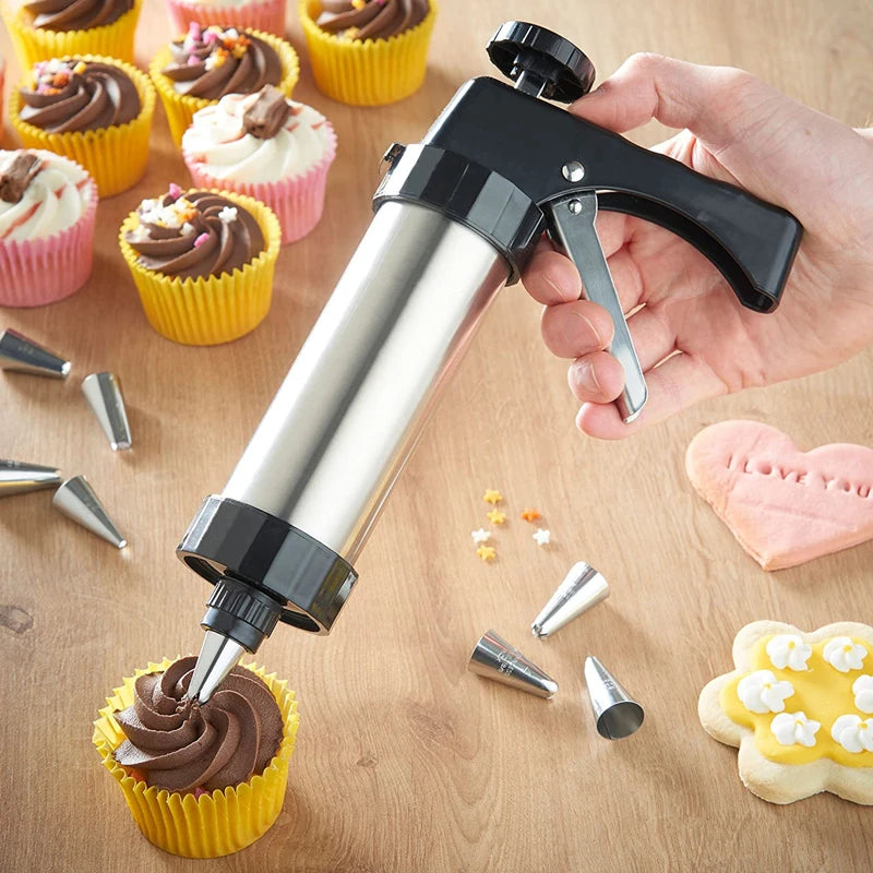 Cookie Press Maker Kit with stainless steel gun, nozzles, and cookie cutter molds for baking.
