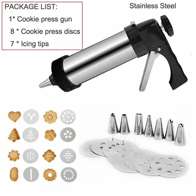 Cookie Press Maker Kit with stainless steel gun, nozzles, and cookie cutter molds for baking.