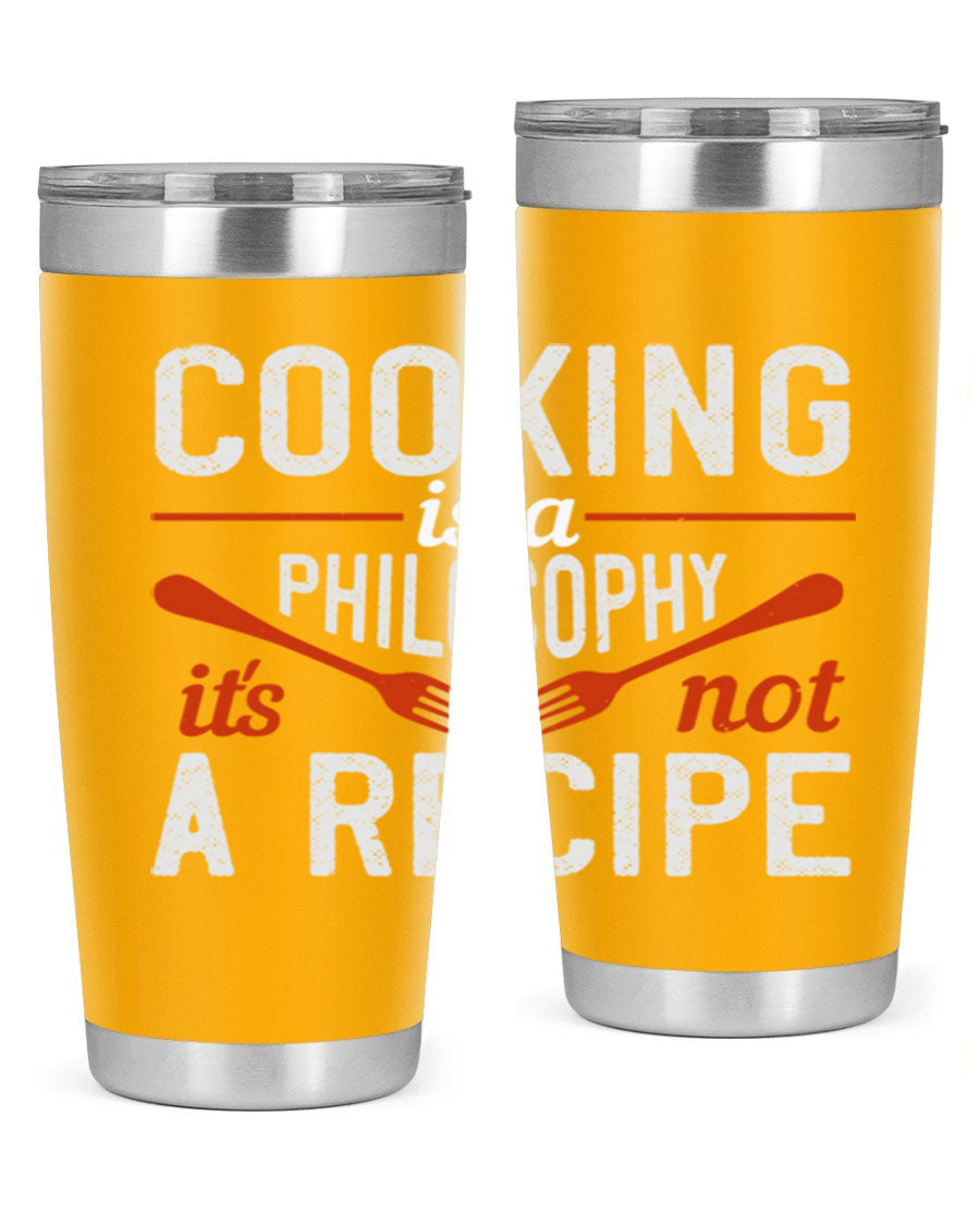 20oz and 30oz stainless steel tumblers with 'Cooking is a Philosophy, It's Not a Recipe' printed design, showcasing their sleek and modern look.