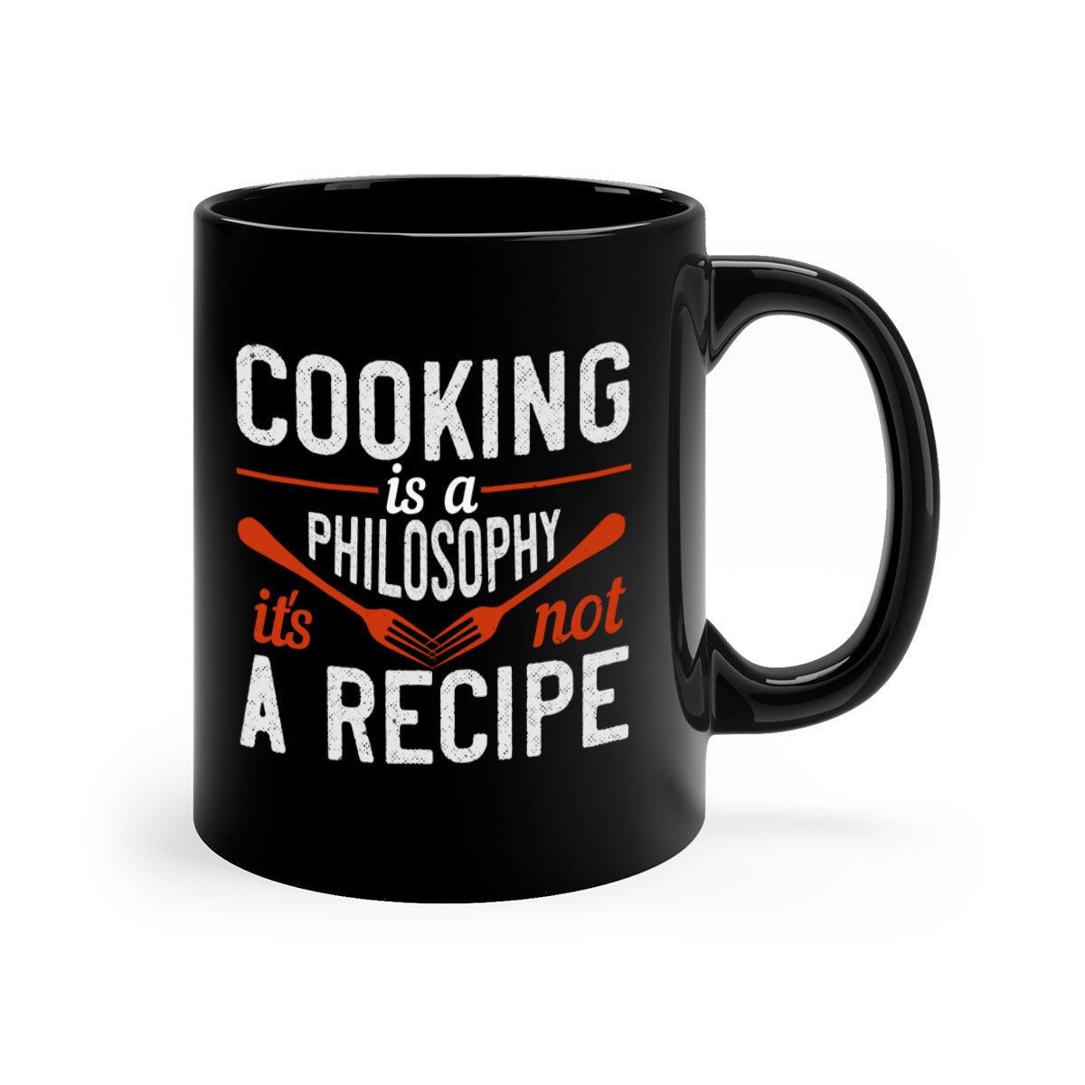 A two-tone ceramic coffee mug with a colored handle and interior, featuring the phrase 'Cooking is a Philosophy, It's Not a Recipe'.