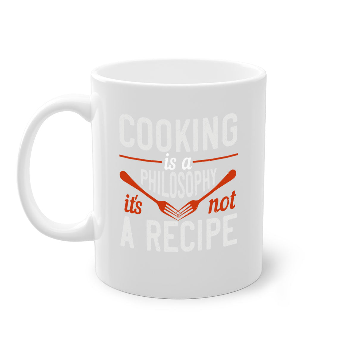 A two-tone ceramic coffee mug with a colored handle and interior, featuring the phrase 'Cooking is a Philosophy, It's Not a Recipe'.