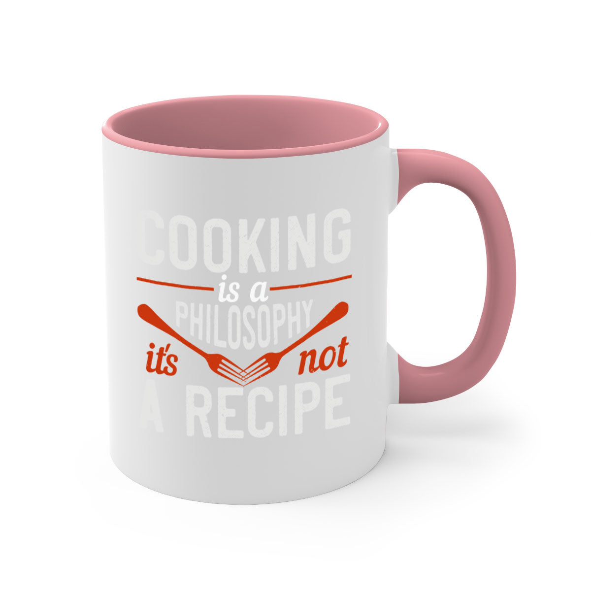 A two-tone ceramic coffee mug with a colored handle and interior, featuring the phrase 'Cooking is a Philosophy, It's Not a Recipe'.