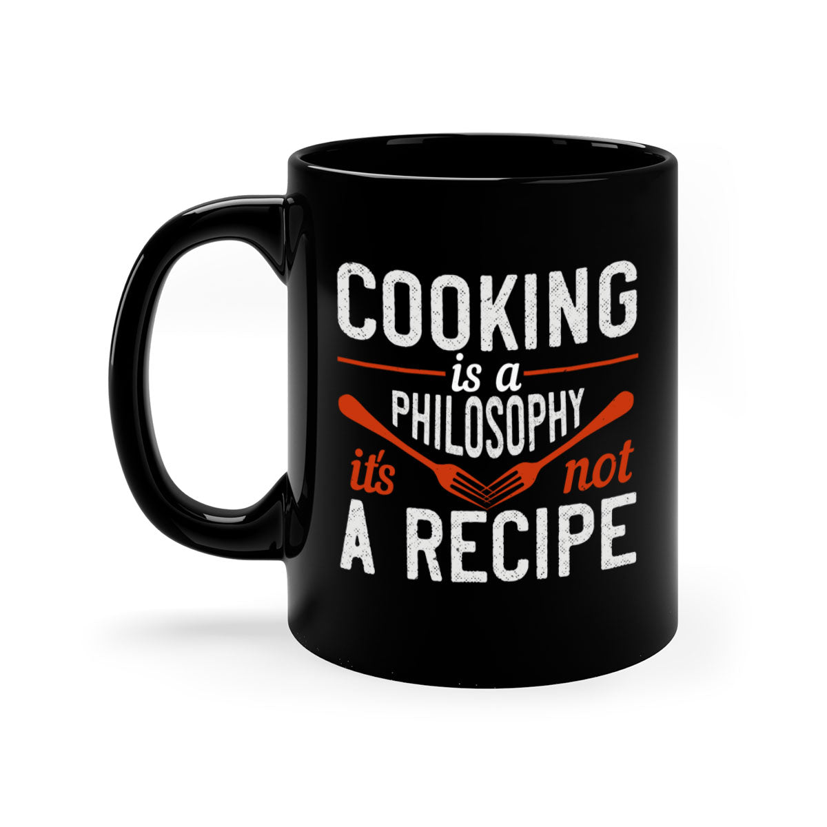 A two-tone ceramic coffee mug with a colored handle and interior, featuring the phrase 'Cooking is a Philosophy, It's Not a Recipe'.
