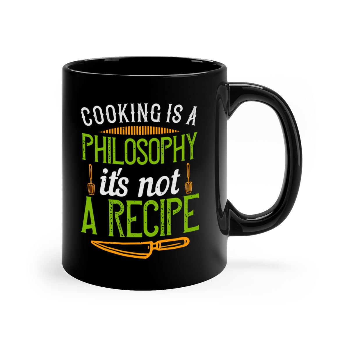 Two-tone ceramic coffee mug with colored handle and glossy finish, featuring the phrase 'Cooking is a Philosophy, It's Not a Recipe'.