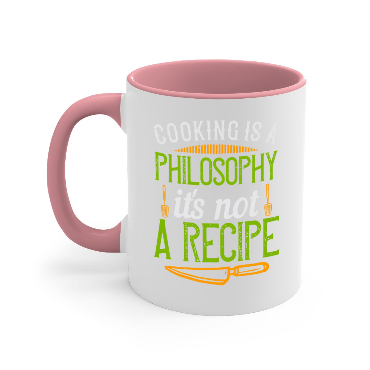 Two-tone ceramic coffee mug with colored handle and glossy finish, featuring the phrase 'Cooking is a Philosophy, It's Not a Recipe'.