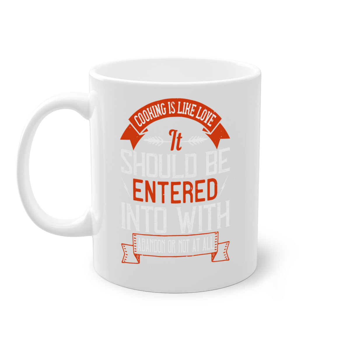 A stylish two-tone ceramic mug with the quote 'Cooking is Like Love' in a glossy finish, featuring a colored handle and interior.