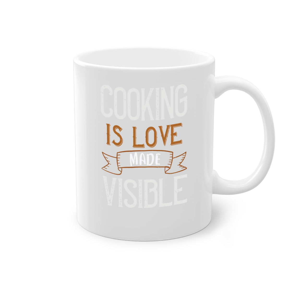 A two-tone ceramic coffee mug with a glossy finish, featuring the phrase 'Cooking is Love Made Visible' and a colorful handle.