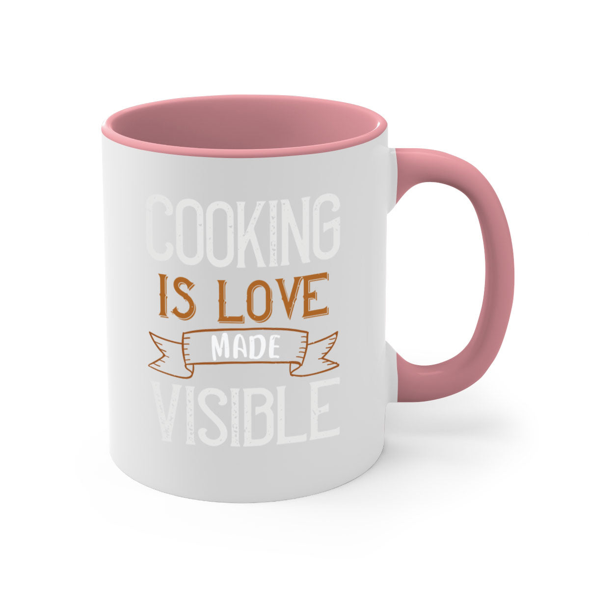 A two-tone ceramic coffee mug with a glossy finish, featuring the phrase 'Cooking is Love Made Visible' and a colorful handle.