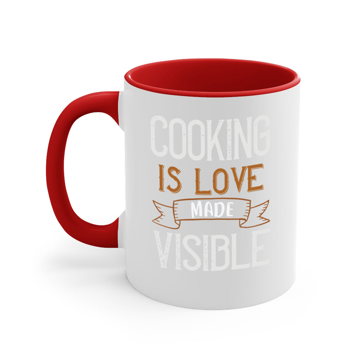 A two-tone ceramic coffee mug with a glossy finish, featuring the phrase 'Cooking is Love Made Visible' and a colorful handle.