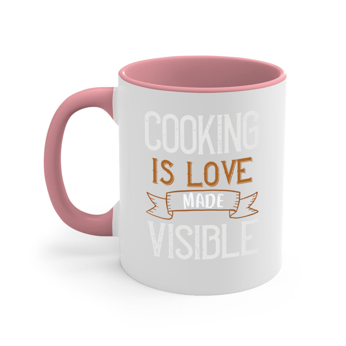 A two-tone ceramic coffee mug with a glossy finish, featuring the phrase 'Cooking is Love Made Visible' and a colorful handle.