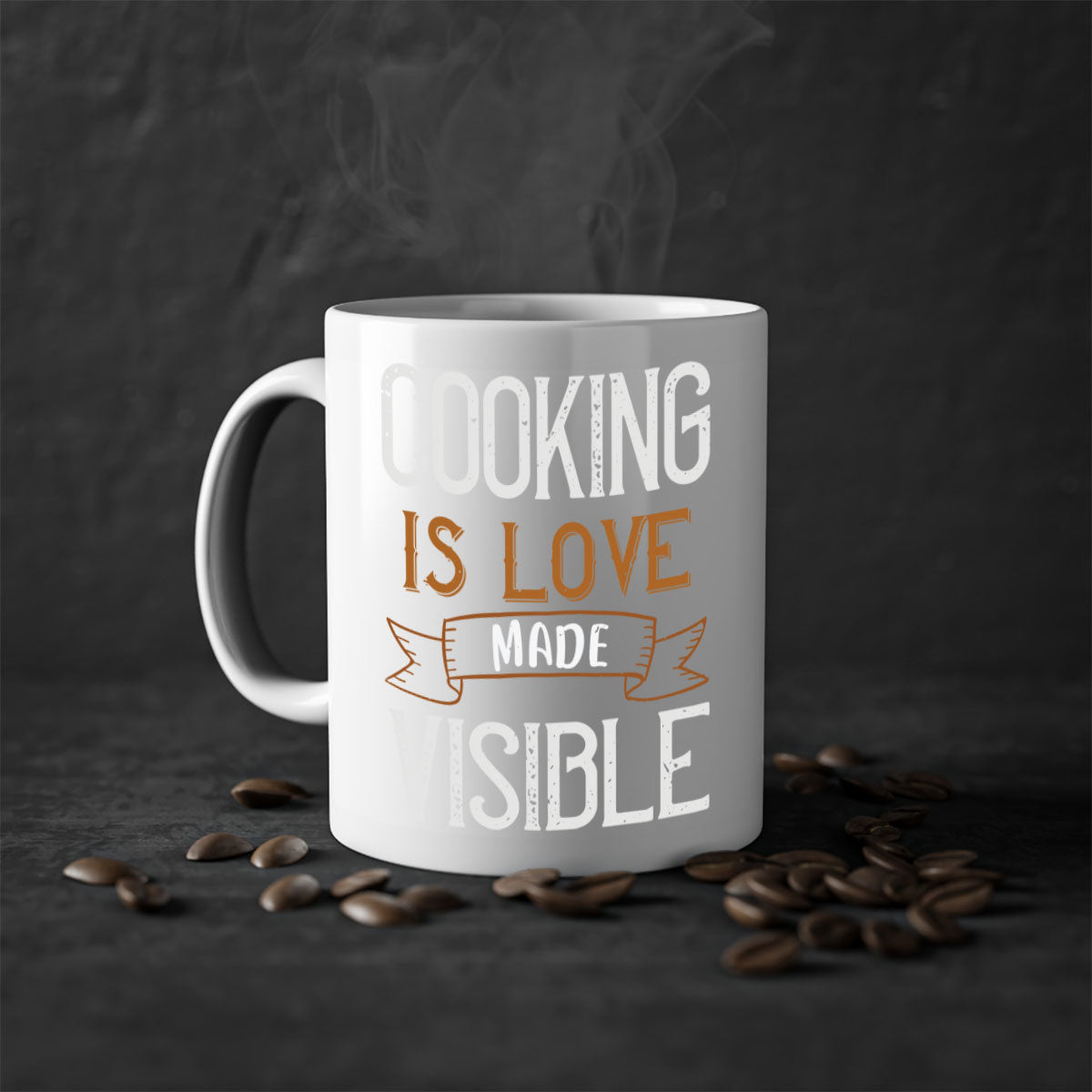 A two-tone ceramic coffee mug with a glossy finish, featuring the phrase 'Cooking is Love Made Visible' and a colorful handle.