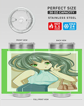 Anime tumbler featuring a cool girl with a fashion bag, made of stainless steel with vibrant colors.