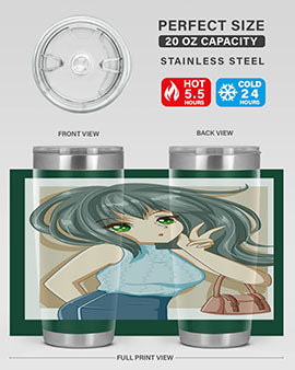 Anime tumbler featuring a cool girl with a fashion bag, made of stainless steel with vibrant colors.