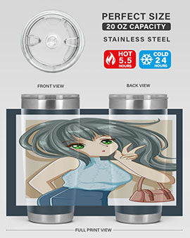 Anime tumbler featuring a cool girl with a fashion bag, made of stainless steel with vibrant colors.