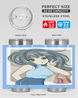 Anime tumbler featuring a cool girl with a fashion bag, made of stainless steel with vibrant colors.