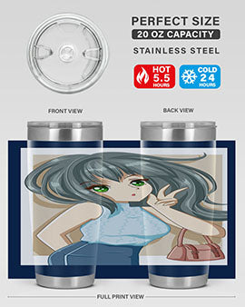 Anime tumbler featuring a cool girl with a fashion bag, made of stainless steel with vibrant colors.