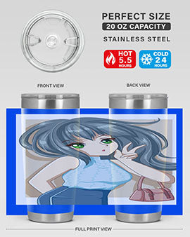 Anime tumbler featuring a cool girl with a fashion bag, made of stainless steel with vibrant colors.
