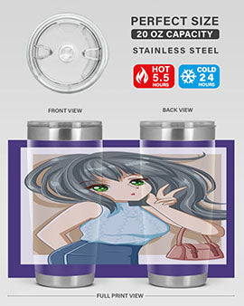 Anime tumbler featuring a cool girl with a fashion bag, made of stainless steel with vibrant colors.