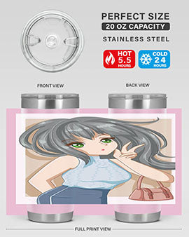 Anime tumbler featuring a cool girl with a fashion bag, made of stainless steel with vibrant colors.