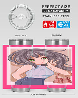 Anime tumbler featuring a cool girl with a fashion bag, made of stainless steel with vibrant colors.