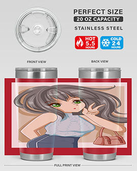 Anime tumbler featuring a cool girl with a fashion bag, made of stainless steel with vibrant colors.