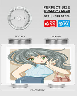 Anime tumbler featuring a cool girl with a fashion bag, made of stainless steel with vibrant colors.