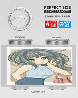 Anime tumbler featuring a cool girl with a fashion bag, made of stainless steel with vibrant colors.