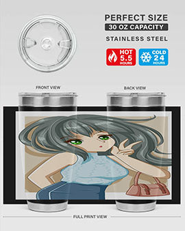 Anime tumbler featuring a cool girl with a fashion bag, made of stainless steel with vibrant colors.