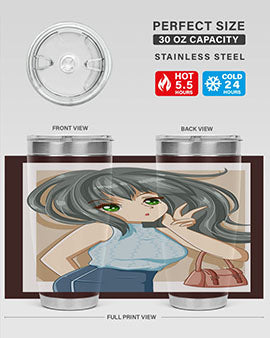 Anime tumbler featuring a cool girl with a fashion bag, made of stainless steel with vibrant colors.