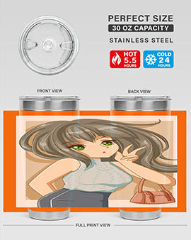 Anime tumbler featuring a cool girl with a fashion bag, made of stainless steel with vibrant colors.
