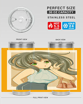 Anime tumbler featuring a cool girl with a fashion bag, made of stainless steel with vibrant colors.
