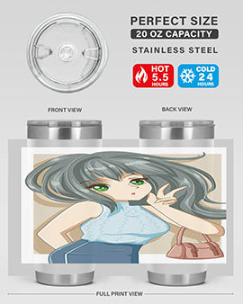 Anime tumbler featuring a cool girl with a fashion bag, made of stainless steel with vibrant colors.